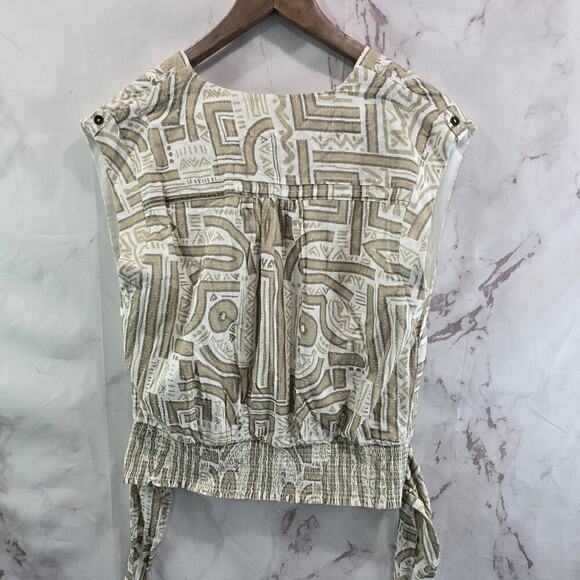 Anthropologie Top Womens Large Beige White Tank Crop Tie V Cream Tan Faux Wrap - Picture 6 of 12